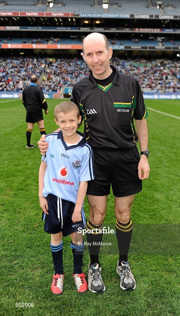11 March 2012; Match referee Michael Collins poses with eight year old Jack Murphy, from Swords, before the start of the game. Jack was a special guest of the Dublin County Board at the game. Allianz Football League Division 1, Round 4, Dublin v Armagh, Croke Park, Dublin. Picture credit: Ray McManus / SPORTSFILE