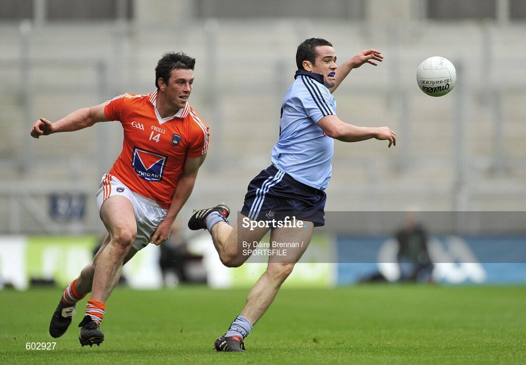 11 March 2012; Ger Brennan, Dublin, in action against John Kingham, Armagh. Allianz Football League Division 1, Round 4, Dublin v Armagh, Croke Park, Dublin. Picture credit: Daire Brennan / SPORTSFILE
