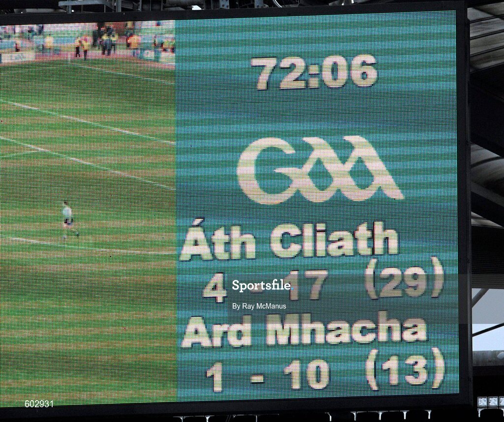 11 March 2012; The scoreboard shows the final score Dublin 4 - 17, Armagh 1 - 10. Allianz Football League Division 1, Round 4, Dublin v Armagh, Croke Park, Dublin. Picture credit: Ray McManus / SPORTSFILE