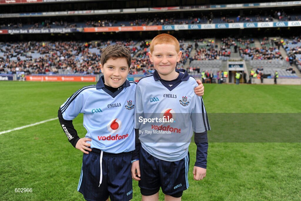 11 March 2012; Dublin mascotts John Foley, left, and Fiachra Potts, both members of the Na Fianna club, strike a pose before the start of the game. Allianz Football League Division 1, Round 4, Dublin v Armagh, Croke Park, Dublin. Picture credit: Ray McManus / SPORTSFILE