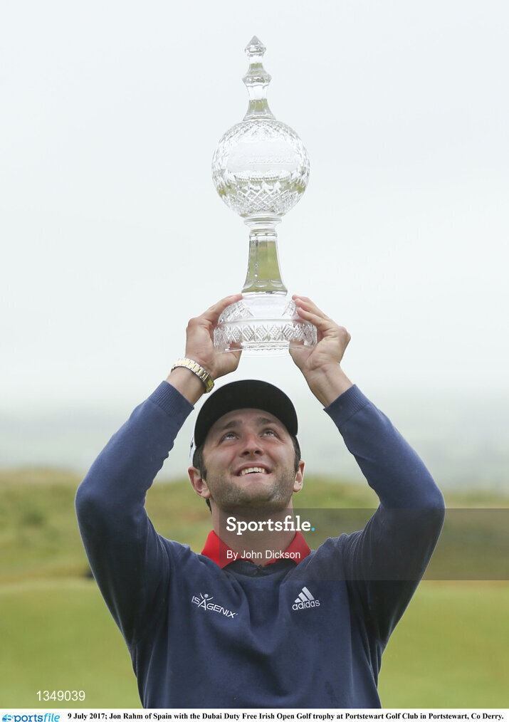 9 July 2017; Jon Rahm of Spain with the Dubai Duty Free Irish Open Golf trophy at Portstewart Golf Club in Portstewart, Co Derry. Photo by John Dickson/Sportsfile
