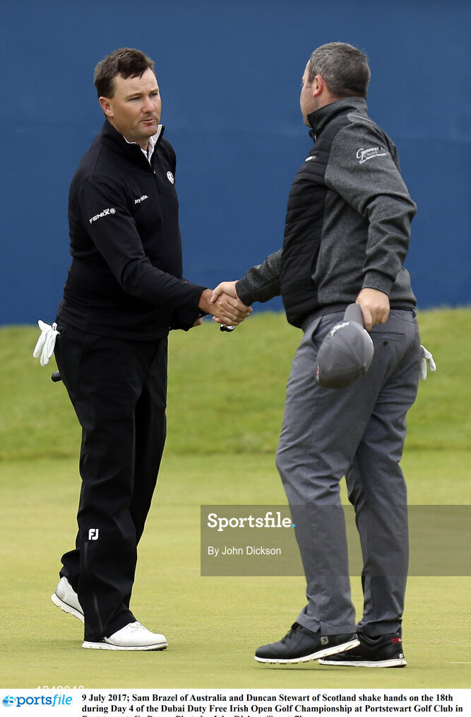 9 July 2017; Sam Brazel of Australia and Duncan Stewart of Scotland shake hands on the 18th during Day 4 of the Dubai Duty Free Irish Open Golf Championship at Portstewart Golf Club in Portstewart, Co Derry. Photo by John Dickson/Sportsfile