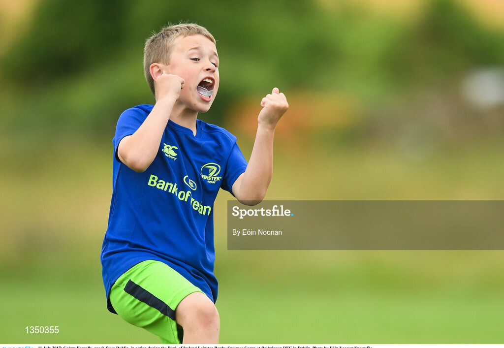11 July 2017; Calum Farrally, age 9, from Dublin, in action during the Bank of Ireland Leinster Rugby Summer Camp at Balbriggan RFC in Dublin. Photo by Eóin Noonan/Sportsfile