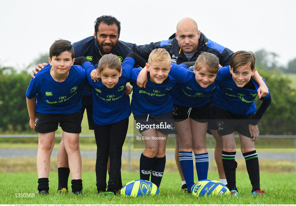 11 July 2017; Young players from left, Evan Darcy, age 11, from Balbriggan, Co. Dublin, Tara Hickey, age 9, from Balbriggan Co. Dublin, Ronan Doyle age 10 from Lusk Co. Dublin, Erin mcFadden, age 9, from Curtlock Co. Dublin and Conor McFadden, age 10, from Balbriggan Co. Dublin with Isa Nacewa and Richardt Strauss during the Bank of Ireland Leinster Rugby Summer Camp at Balbriggan RFC in Dublin. Photo by Eóin Noonan/Sportsfile
