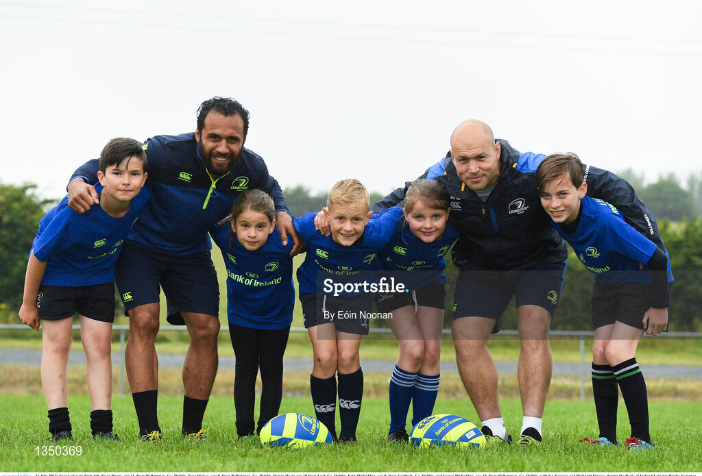 11 July 2017; Young players from left, Evan Darcy, age 11, from Balbriggan, Co. Dublin, Tara Hickey, age 9, from Balbriggan, Co. Dublin, Ronan Doyle age 10 from Lusk Co. Dublin, Erin McFadden, age 9, from Curtlock, Co. Dublin, and Conor McFadden, age 10, from Balbriggan, Co. Dublin, with Isa Nacewa and Richardt Strauss during the Bank of Ireland Leinster Rugby Summer Camp at Balbriggan RFC in Dublin. Photo by Eóin Noonan/Sportsfile