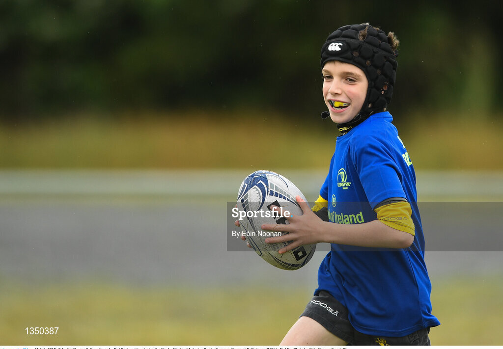 11 July 2017; Toby Smith, age 9, from Swords, Dublin, in action during the Bank of Ireland Leinster Rugby Summer Camp at Balbriggan RFC in Dublin. Photo by Eóin Noonan/Sportsfile