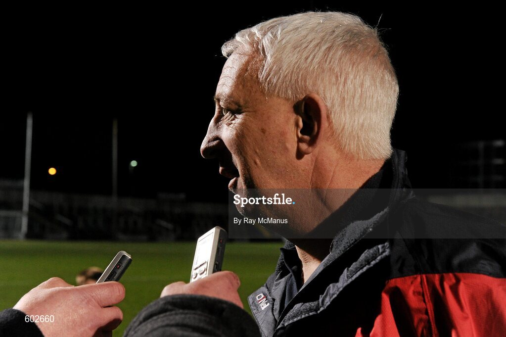 10 March 2012; The Cork manager Conor Counihan is interviewed after the game. Allianz Football League, Division 1, Round 4, Laois v Cork, O'Moore Park, Portlaoise, Co. Laois. Picture credit: Ray McManus / SPORTSFILE