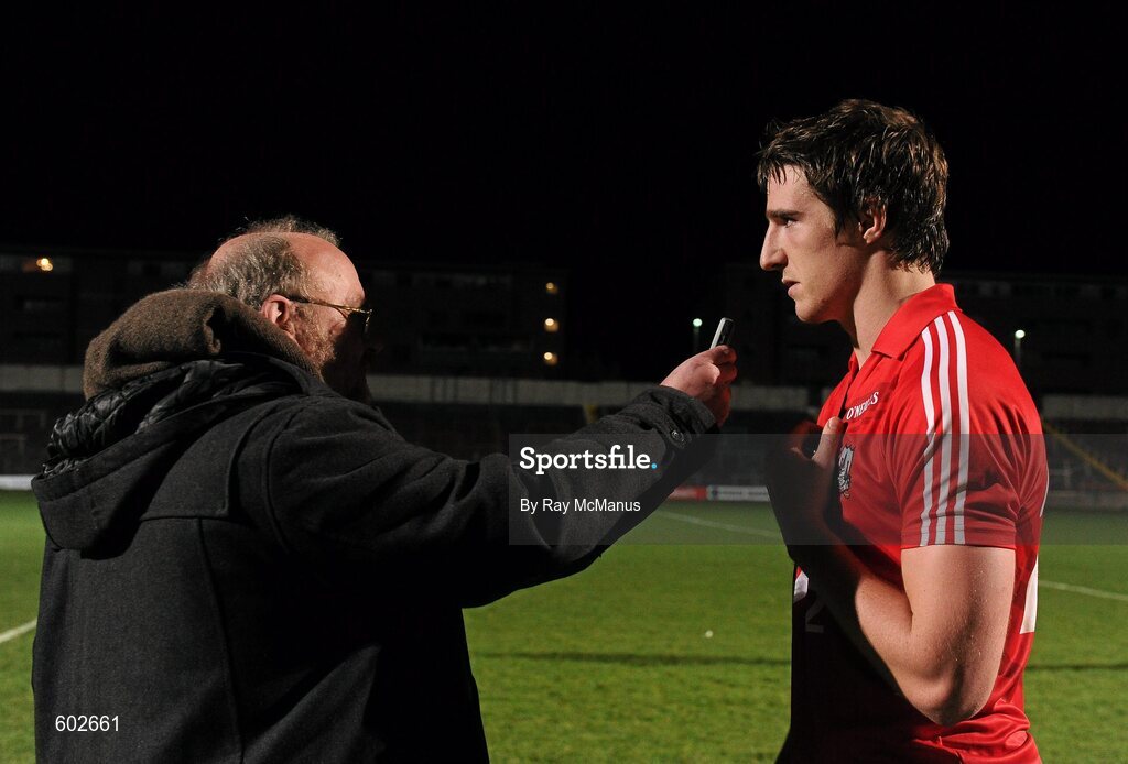 10 March 2012; Cork star Aidan Walsh is interviewed by journalist Noel Horgan after the game. Allianz Football League, Division 1, Round 4, Laois v Cork, O'Moore Park, Portlaoise, Co. Laois. Picture credit: Ray McManus / SPORTSFILE