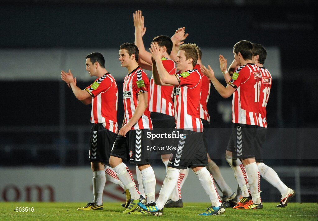 5 March 2012; The Derry City players applaud their supporters after the game. 2012 Setanta Sports Cup, Quarter-Final, 1st Leg, Linfield v Derry City, Windsor Park, Belfast, Co. Antrim. Picture credit: Oliver McVeigh / SPORTSFILE
