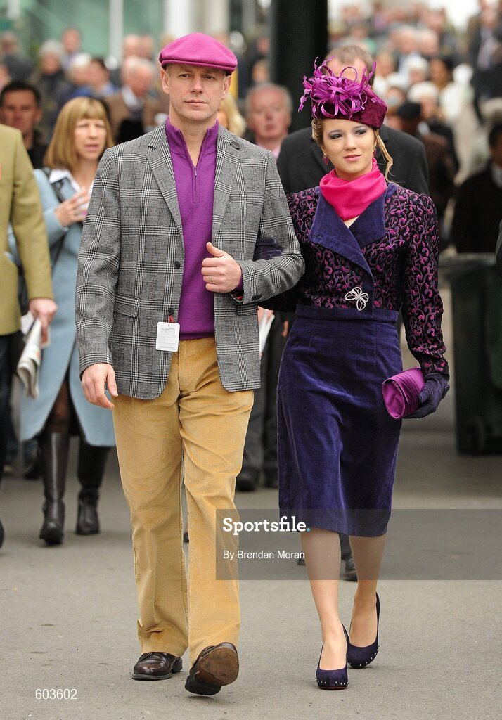 14 March 2012; A couple wearing matching outfits in attendance during Ladies Day at the Cheltenham Festival. Cheltenham Racing Festival, Prestbury Park, Cheltenham, England. Picture credit: Brendan Moran / SPORTSFILE