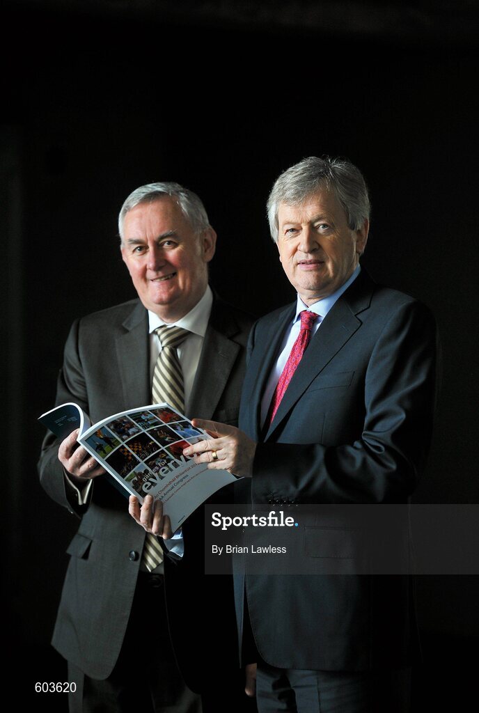 14 March 2012; Ard Stiúrthóir Páraic Duffy, right, and Uachtarán Chumann Lúthchleas Gael Criostóir Ó Cuana in attendance at the launch the Report of the Ard Stiúrthóir of the GAA 2011, Croke Park, Dublin. Picture credit: Brian Lawless / SPORTSFILE