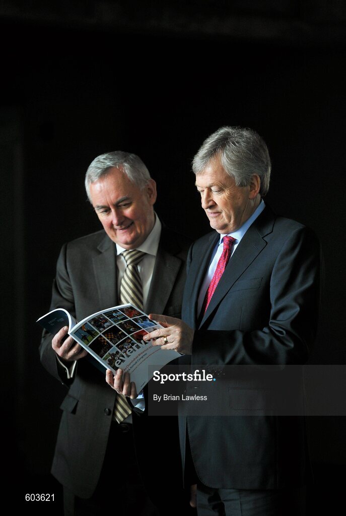 14 March 2012; Ard Stiúrthóir Páraic Duffy, right, and Uachtarán Chumann Lúthchleas Gael Criostóir Ó Cuana in attendance at the launch the Report of the Ard Stiúrthóir of the GAA 2011, Croke Park, Dublin. Picture credit: Brian Lawless / SPORTSFILE