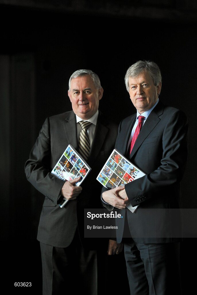 14 March 2012; Ard Stiúrthóir Páraic Duffy, right, and Uachtarán Chumann Lúthchleas Gael Criostóir Ó Cuanain in attendance at the launch the Report of the Ard Stiúrthóir of the GAA 2011, Croke Park, Dublin. Picture credit: Brian Lawless / SPORTSFILE