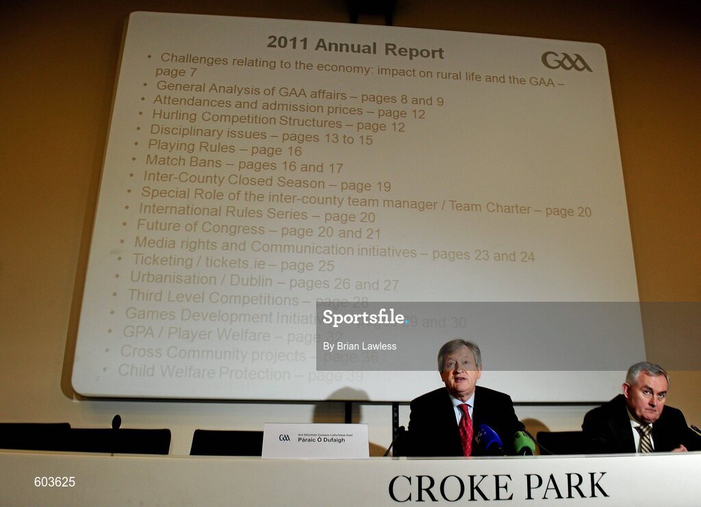 14 March 2012; Ard Stiúrthóir Páraic Duffy, left, and Uachtarán Chumann Lúthchleas Gael Criostóir Ó Cuana in attendance at the launch the Report of the Ard Stiúrthóir of the GAA 2011, Croke Park, Dublin. Picture credit: Brian Lawless / SPORTSFILE