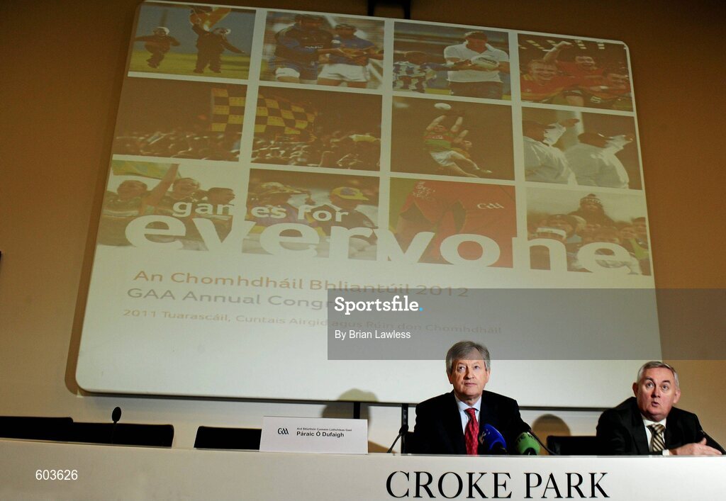 14 March 2012; Ard Stiúrthóir Páraic Duffy, left, and Uachtarán Chumann Lúthchleas Gael Criostóir Ó Cuana in attendance at the launch the Report of the Ard Stiúrthóir of the GAA 2011, Croke Park, Dublin. Picture credit: Brian Lawless / SPORTSFILE