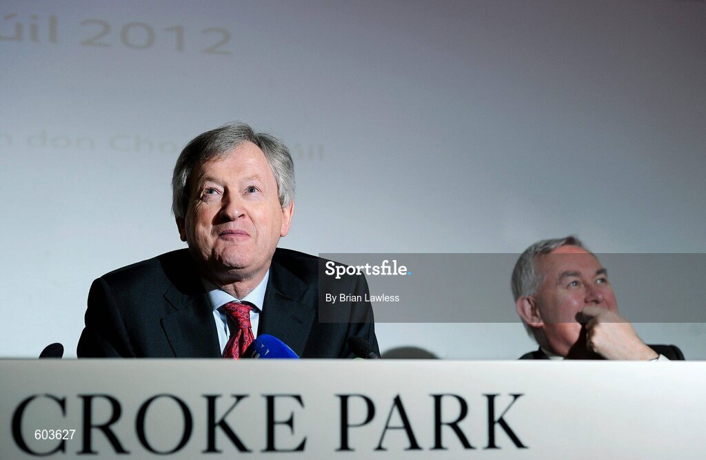 14 March 2012; Ard Stiúrthóir Páraic Duffy, left, and Uachtarán Chumann Lúthchleas Gael Criostóir Ó Cuana in attendance at the launch the Report of the Ard Stiúrthóir of the GAA 2011, Croke Park, Dublin. Picture credit: Brian Lawless / SPORTSFILE