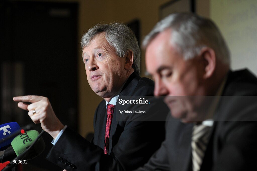 14 March 2012; Ard Stiúrthóir Páraic Duffy, left, and Uachtarán Chumann Lúthchleas Gael Criostóir Ó Cuana in attendance at the launch the Report of the Ard Stiúrthóir of the GAA 2011, Croke Park, Dublin. Picture credit: Brian Lawless / SPORTSFILE