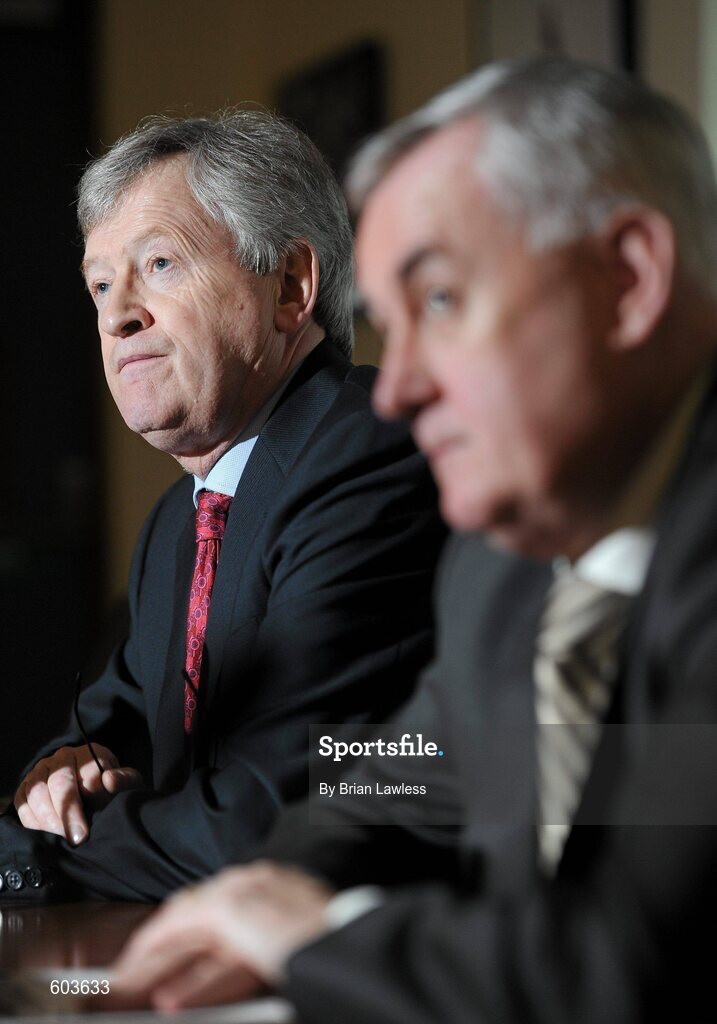 14 March 2012; Ard Stiúrthóir Páraic Duffy, left, and Uachtarán Chumann Lúthchleas Gael Criostóir Ó Cuana in attendance at the launch the Report of the Ard Stiúrthóir of the GAA 2011, Croke Park, Dublin. Picture credit: Brian Lawless / SPORTSFILE