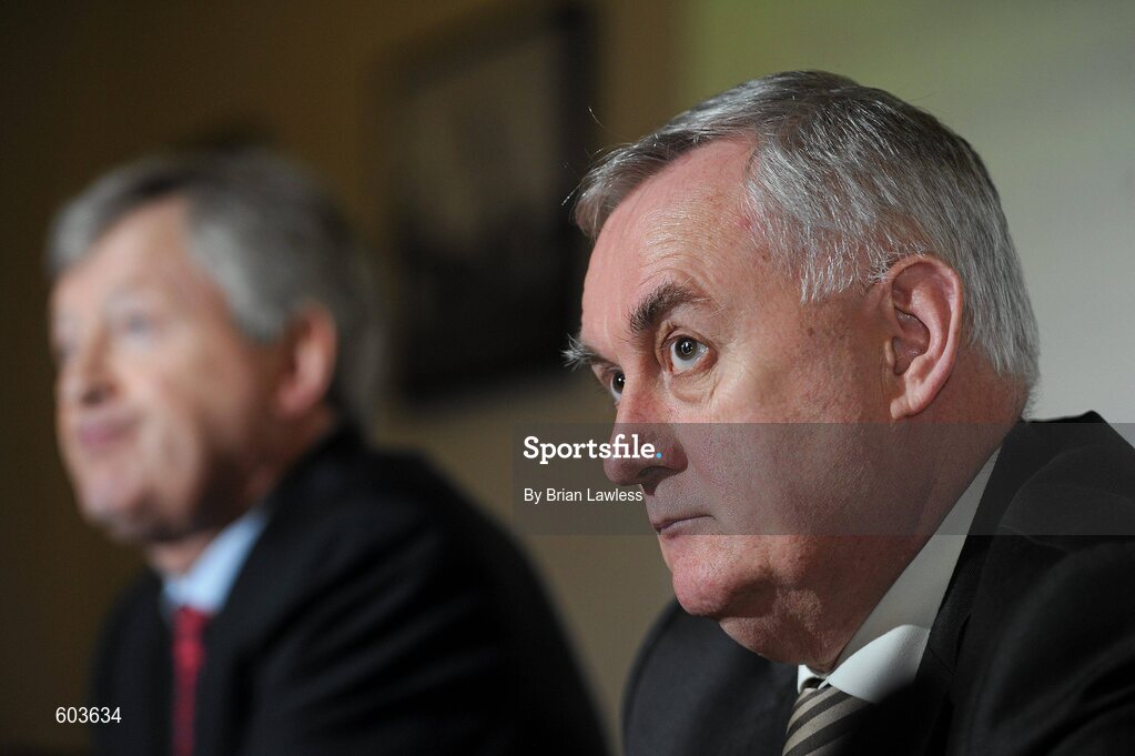 14 March 2012; Uachtarán Chumann Lúthchleas Gael Criostóir Ó Cuana and Ard Stiúrthóir Páraic Duffy, left, in attendance at the launch the Report of the Ard Stiúrthóir of the GAA 2011, Croke Park, Dublin. Picture credit: Brian Lawless / SPORTSFILE