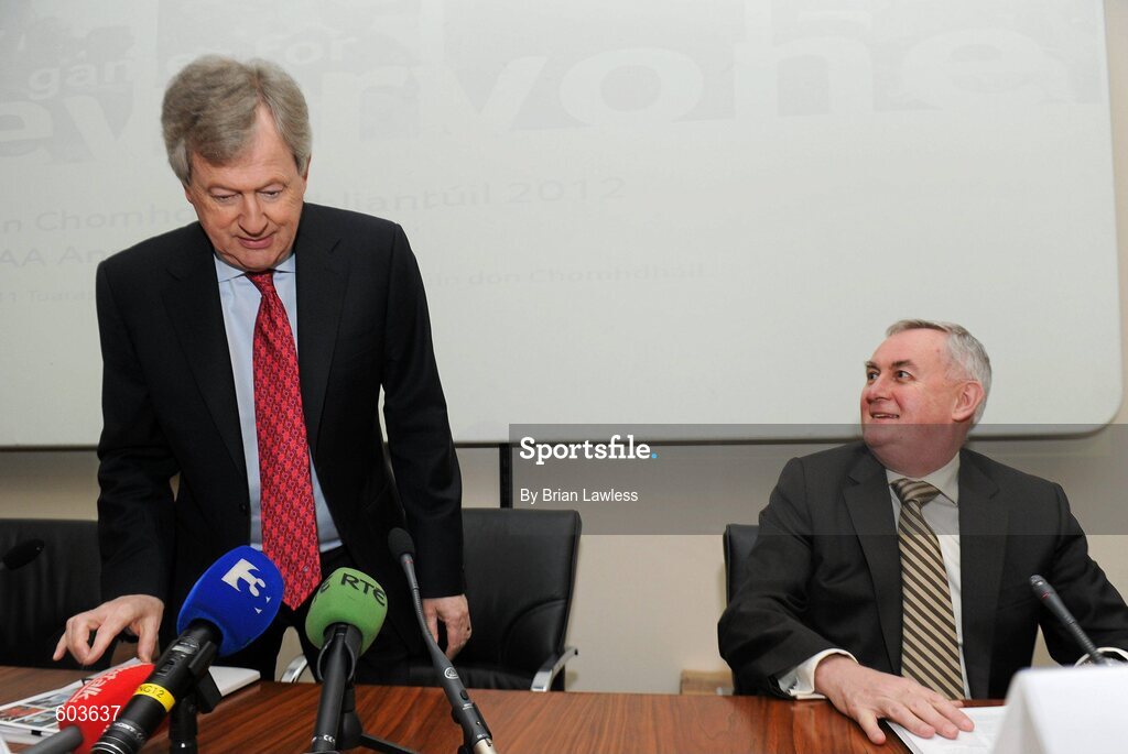 14 March 2012; Ard Stiúrthóir Páraic Duffy, left, and Uachtarán Chumann Lúthchleas Gael Criostóir Ó Cuana in attendance at the launch the Report of the Ard Stiúrthóir of the GAA 2011, Croke Park, Dublin. Picture credit: Brian Lawless / SPORTSFILE
