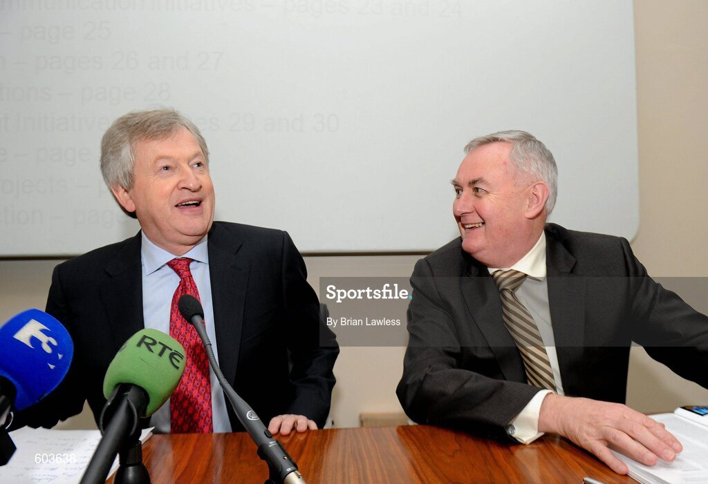 14 March 2012; Ard Stiúrthóir Páraic Duffy, left, and Uachtarán Chumann Lúthchleas Gael Criostóir Ó Cuana in attendance at the launch the Report of the Ard Stiúrthóir of the GAA 2011, Croke Park, Dublin. Picture credit: Brian Lawless / SPORTSFILE
