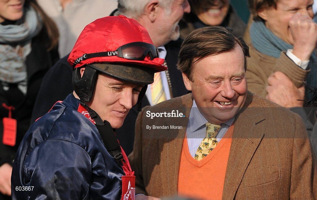 14 March 2012; Jockey Bary Geraghty with trainer Nicky Henderson after Bobs Worth won the RSA Steeple Chase. Cheltenham Racing Festival, Prestbury Park, Cheltenham, England. Picture credit: Brendan Moran / SPORTSFILE