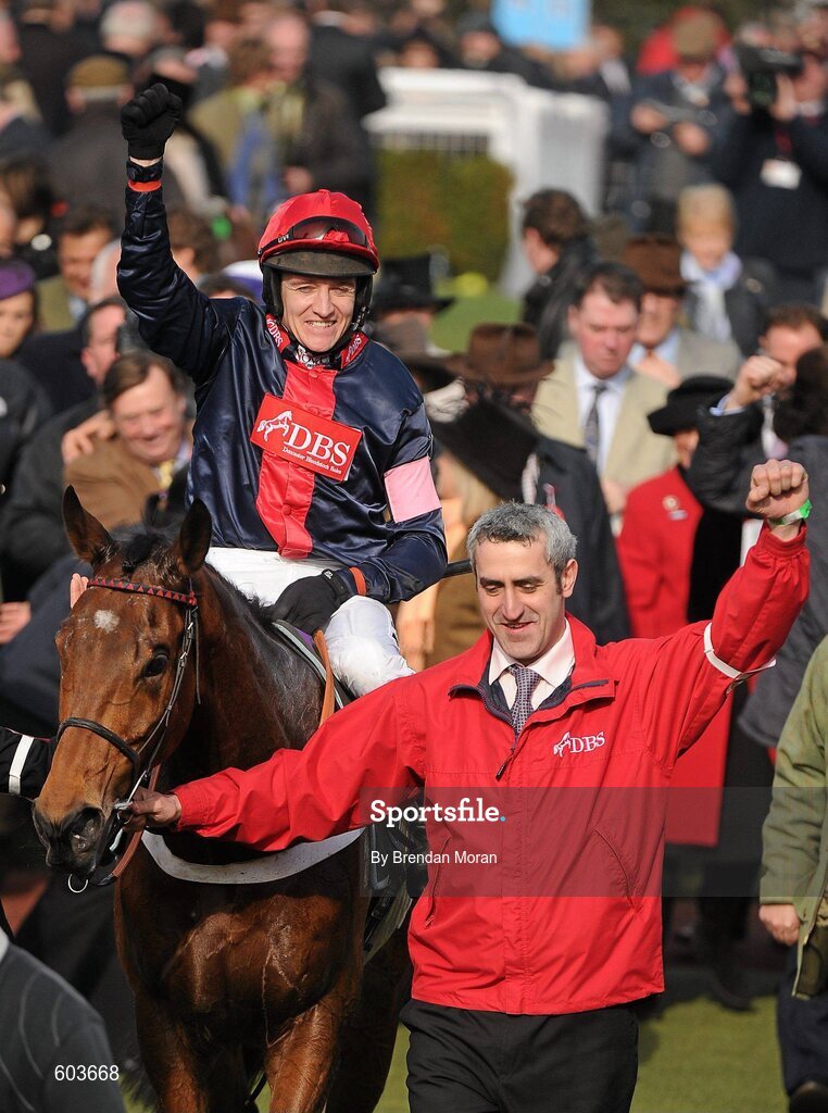 14 March 2012; Jockey Barry Geraghty, aboard Bobs Worth celebrates after winning the RSA Steeple Chase. Cheltenham Racing Festival, Prestbury Park, Cheltenham, England. Picture credit: Brendan Moran / SPORTSFILE