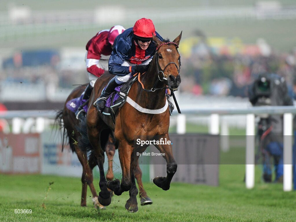 14 March 2012; Bobs Worth, with Barry Geraghty up, on the way to winning the RSA Steeple Chase from second place First Lieutenant, with Davy Russell up. Cheltenham Racing Festival, Prestbury Park, Cheltenham, England. Picture credit: Matt Browne / SPORTSFILE