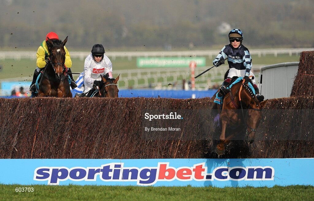 14 March 2012; The eventual winner Finian's Rainbow, 2nd from right, with Barry Geraghty up, and Sizing Europe, with Andrew Lynch up, who finished second, jump the 'last first time round' as jockey Richard Johnson, right, is unseated by his mount Wishful Thinking during the sportingbet.com Queen Mother Champion Steeple Chase. Cheltenham Racing Festival, Prestbury Park, Cheltenham, England. Picture credit: Brendan Moran / SPORTSFILE