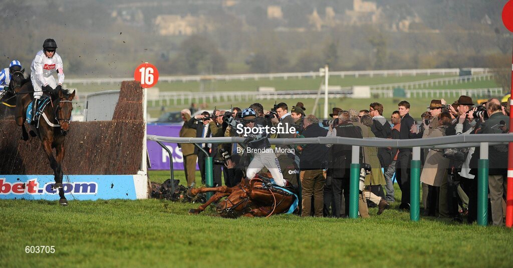 14 March 2012; Jockey Richard Johnson is unseated by his mount Wishful Thinking and crashes into a number of photographers and trackside personnel as they clear the last first time round during the sportingbet.com Queen Mother Champion Steeple Chase. Cheltenham Racing Festival, Prestbury Park, Cheltenham, England. Picture credit: Brendan Moran / SPORTSFILE