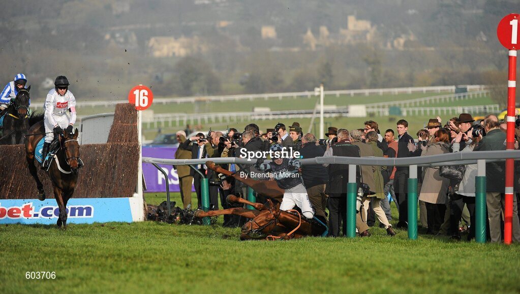 14 March 2012; Jockey Richard Johnson is unseated by his mount Wishful Thinking as they crash into a number of photographers and trackside personnel as the eventual winner Finian's Rainbow, left, with Barry Geraghty up, clear 'the last first time round' during the sportingbet.com Queen Mother Champion Steeple Chase. Cheltenham Racing Festival, Prestbury Park, Cheltenham, England. Picture credit: Brendan Moran / SPORTSFILE