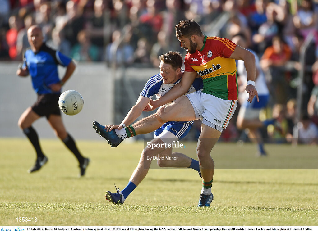 15 July 2017; Daniel St Ledger of Carlow in action against Conor McManus of Monaghan during the GAA Football All-Ireland Senior Championship Round 3B match between Carlow and Monaghan at Netwatch Cullen Park in Carlow. Photo by David Maher/Sportsfile