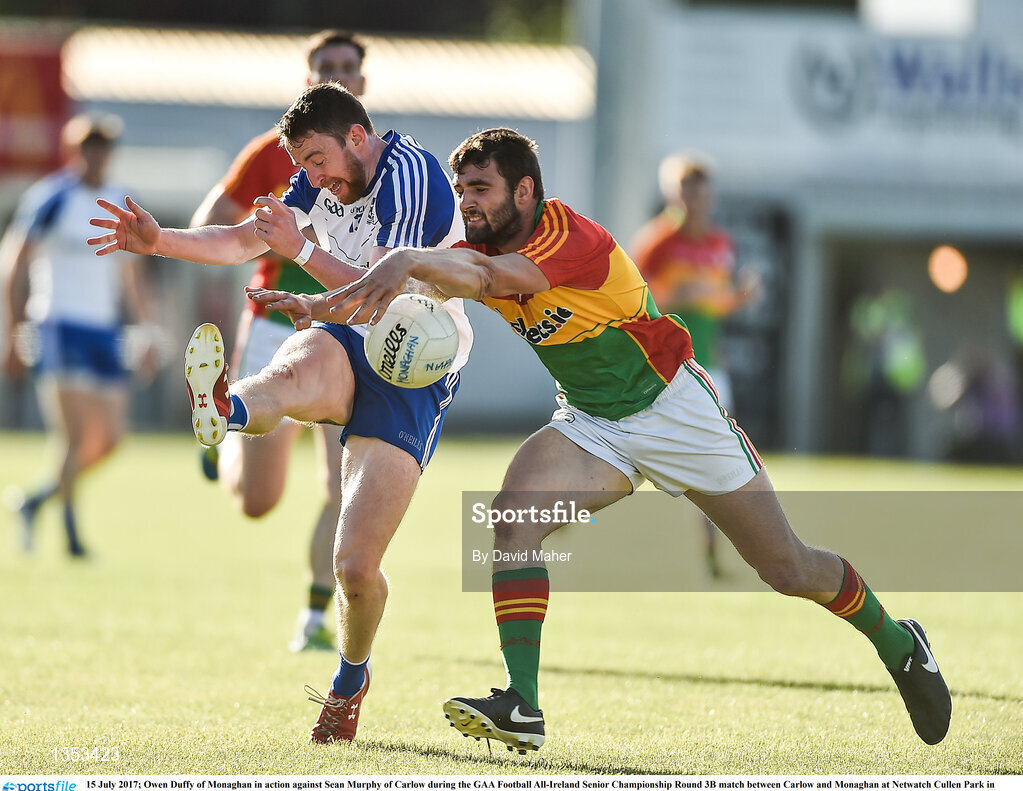 15 July 2017; Owen Duffy of Monaghan in action against Sean Murphy of Carlow during the GAA Football All-Ireland Senior Championship Round 3B match between Carlow and Monaghan at Netwatch Cullen Park in Carlow. Photo by David Maher/Sportsfile