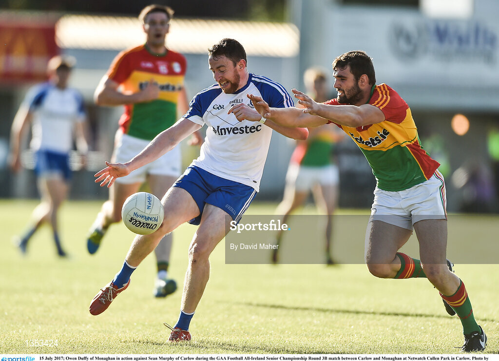 15 July 2017; Owen Duffy of Monaghan in action against Sean Murphy of Carlow during the GAA Football All-Ireland Senior Championship Round 3B match between Carlow and Monaghan at Netwatch Cullen Park in Carlow. Photo by David Maher/Sportsfile