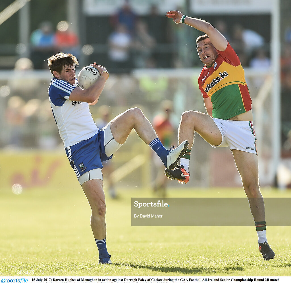15 July 2017; Darren Hughes of Monaghan in action against Darragh Foley of Carlow during the GAA Football All-Ireland Senior Championship Round 3B match between Carlow and Monaghan at Netwatch Cullen Park in Carlow. Photo by David Maher/Sportsfile