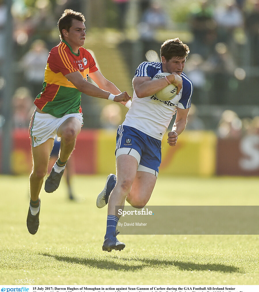 15 July 2017; Darren Hughes of Monaghan in action against Sean Gannon of Carlow during the GAA Football All-Ireland Senior Championship Round 3B match between Carlow and Monaghan at Netwatch Cullen Park in Carlow. Photo by David Maher/Sportsfile
