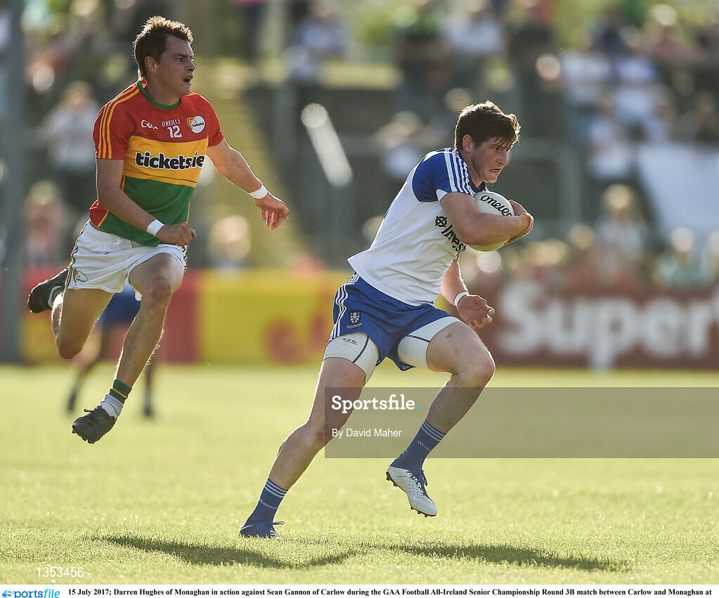 15 July 2017; Darren Hughes of Monaghan in action against Sean Gannon of Carlow during the GAA Football All-Ireland Senior Championship Round 3B match between Carlow and Monaghan at Netwatch Cullen Park in Carlow. Photo by David Maher/Sportsfile