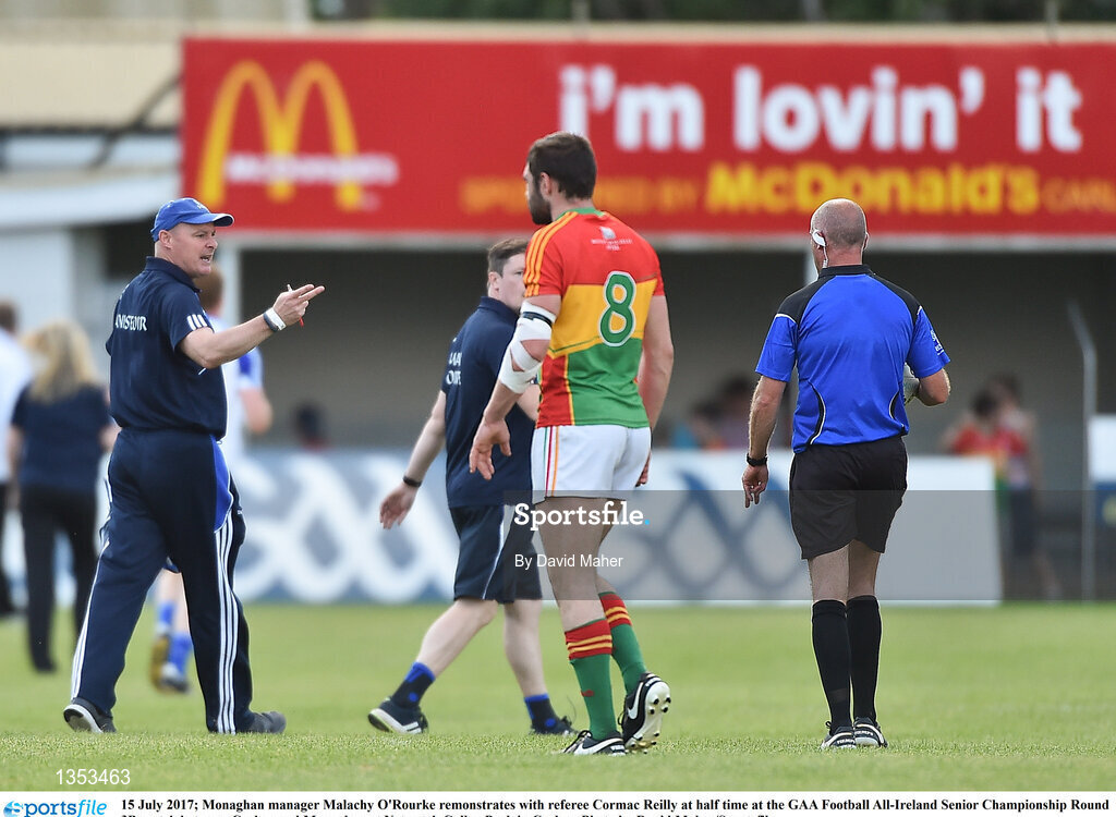 15 July 2017; Monaghan manager Malachy O'Rourke remonstrates with referee Cormac Reilly at half time at the GAA Football All-Ireland Senior Championship Round 3B match between Carlow and Monaghan at Netwatch Cullen Park in Carlow. Photo by David Maher/Sportsfile