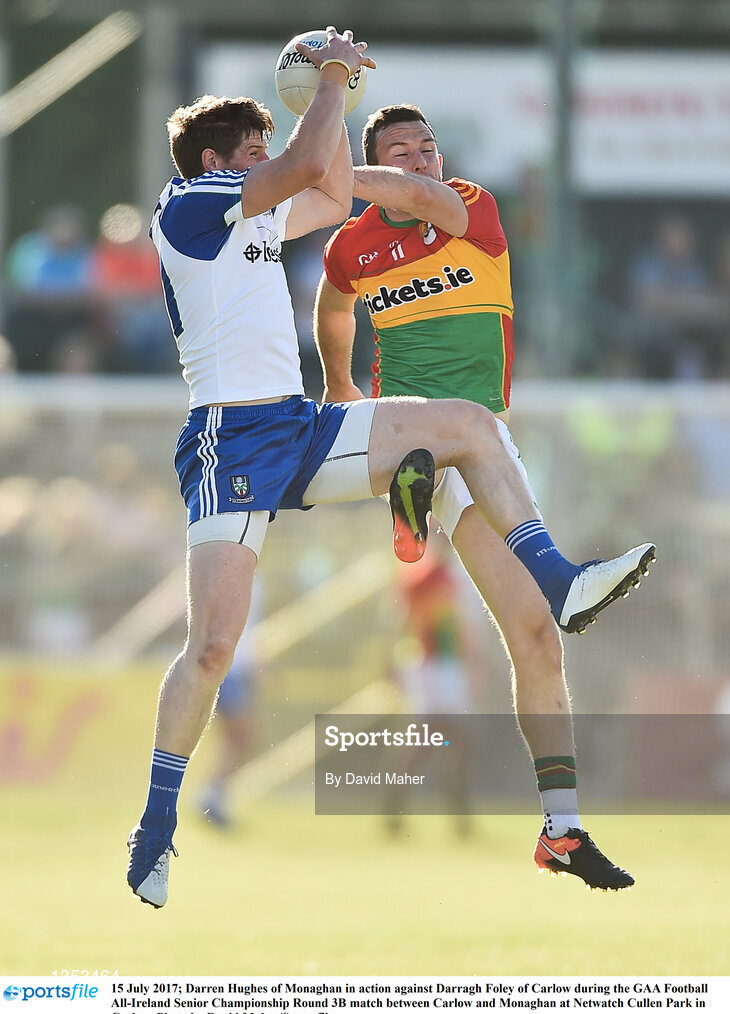 15 July 2017; Darren Hughes of Monaghan in action against Darragh Foley of Carlow during the GAA Football All-Ireland Senior Championship Round 3B match between Carlow and Monaghan at Netwatch Cullen Park in Carlow. Photo by David Maher/Sportsfile