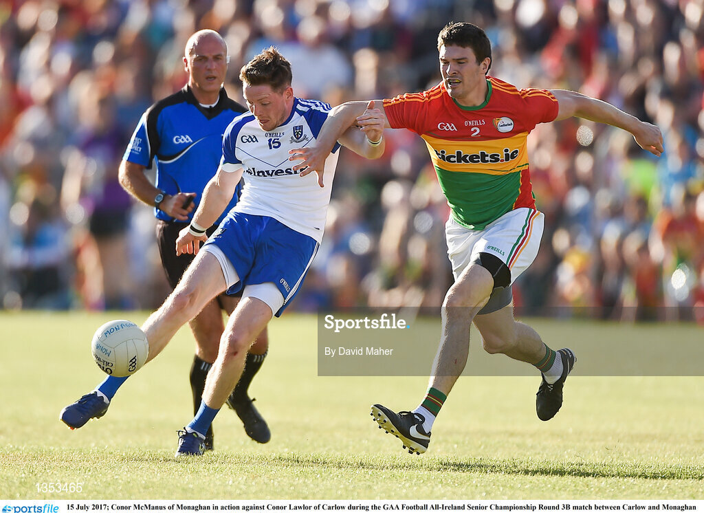 15 July 2017; Conor McManus of Monaghan in action against Conor Lawlor of Carlow during the GAA Football All-Ireland Senior Championship Round 3B match between Carlow and Monaghan at Netwatch Cullen Park in Carlow. Photo by David Maher/Sportsfile
