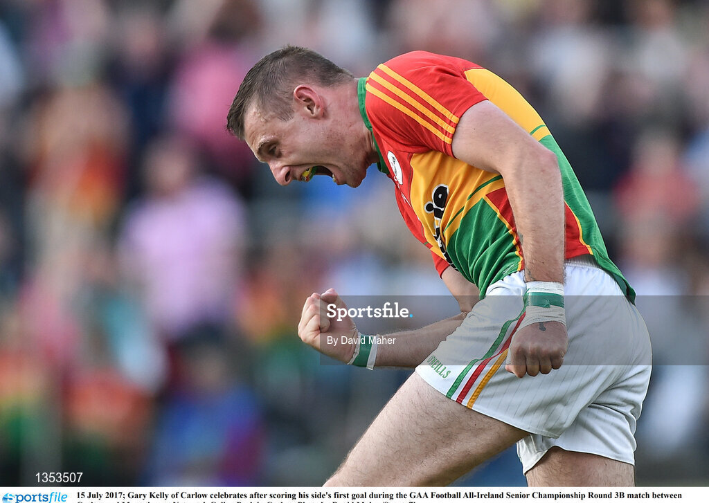 15 July 2017; Gary Kelly of Carlow celebrates after scoring his side's first goal during the GAA Football All-Ireland Senior Championship Round 3B match between Carlow and Monaghan at Netwatch Cullen Park in Carlow. Photo by David Maher/Sportsfile