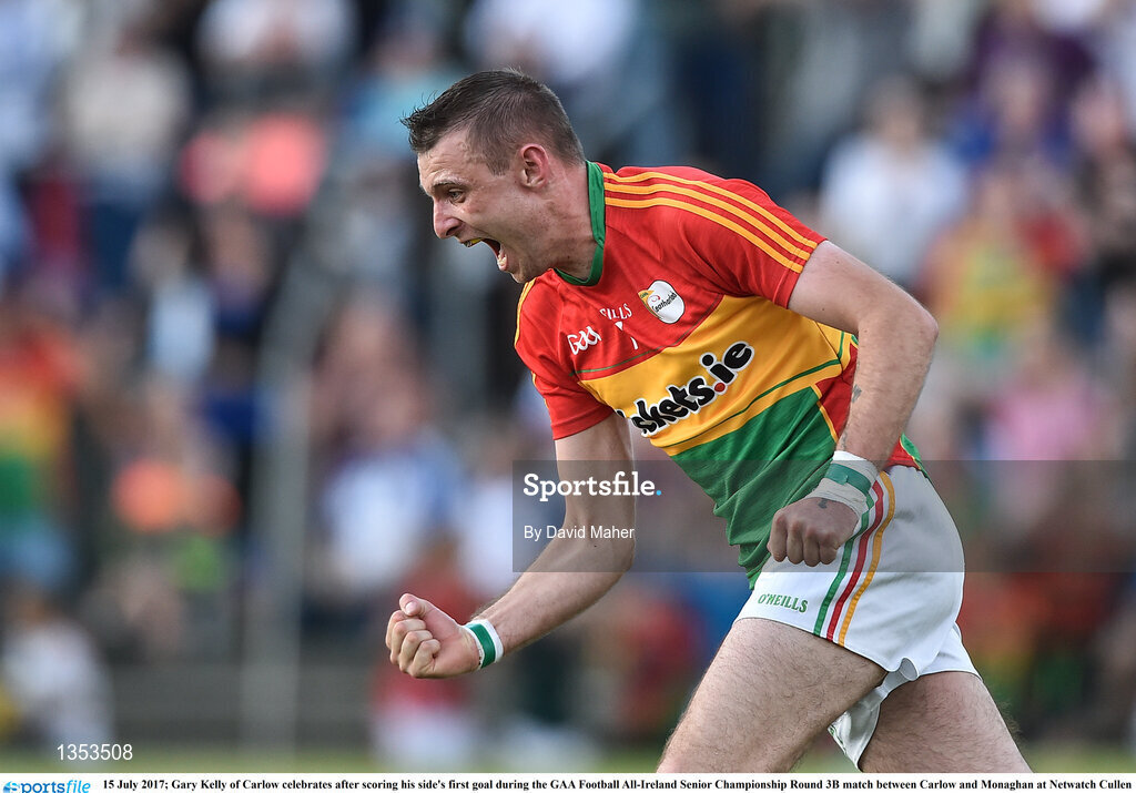 15 July 2017; Gary Kelly of Carlow celebrates after scoring his side's first goal during the GAA Football All-Ireland Senior Championship Round 3B match between Carlow and Monaghan at Netwatch Cullen Park in Carlow. Photo by David Maher/Sportsfile