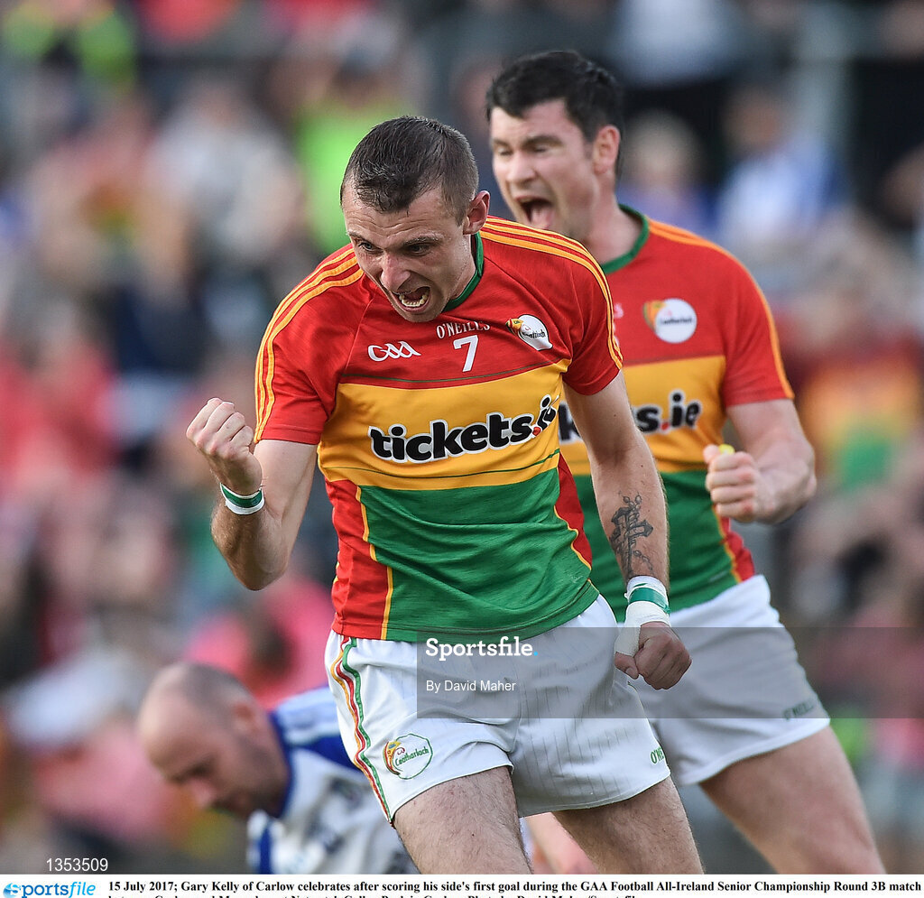 15 July 2017; Gary Kelly of Carlow celebrates after scoring his side's first goal during the GAA Football All-Ireland Senior Championship Round 3B match between Carlow and Monaghan at Netwatch Cullen Park in Carlow. Photo by David Maher/Sportsfile