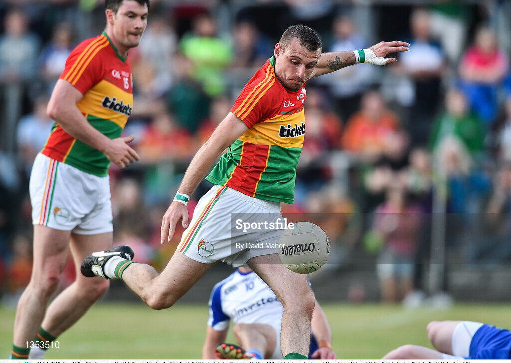 15 July 2017; Gary Kelly of Carlow scores his side's first goal during the GAA Football All-Ireland Senior Championship Round 3B match between Carlow and Monaghan at Netwatch Cullen Park in Carlow. Photo by David Maher/Sportsfile