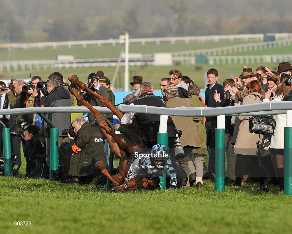 14 March 2012; Jockey Richard Johnson is unseated by his mount Wishful Thinking as they crash into a number of photographers and trackside personnel after they had jumped the 'last first time round' during the sportingbet.com Queen Mother Champion Steeple Chase. Cheltenham Racing Festival, Prestbury Park, Cheltenham, England. Picture credit: Brendan Moran / SPORTSFILE