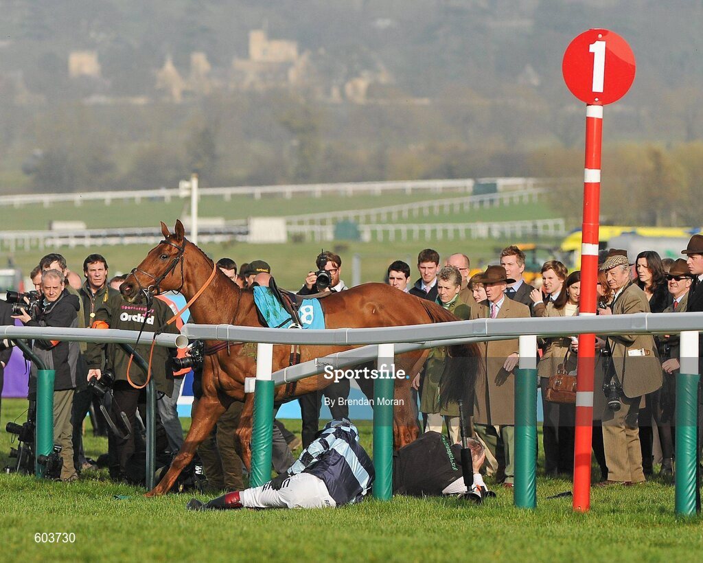 14 March 2012; Jockey Richard Johnson is unseated by his mount Wishful Thinking as they crash into a number of photographers and trackside personnel after they had jumped the 'last first time round' during the sportingbet.com Queen Mother Champion Steeple Chase. Cheltenham Racing Festival, Prestbury Park, Cheltenham, England. Picture credit: Brendan Moran / SPORTSFILE