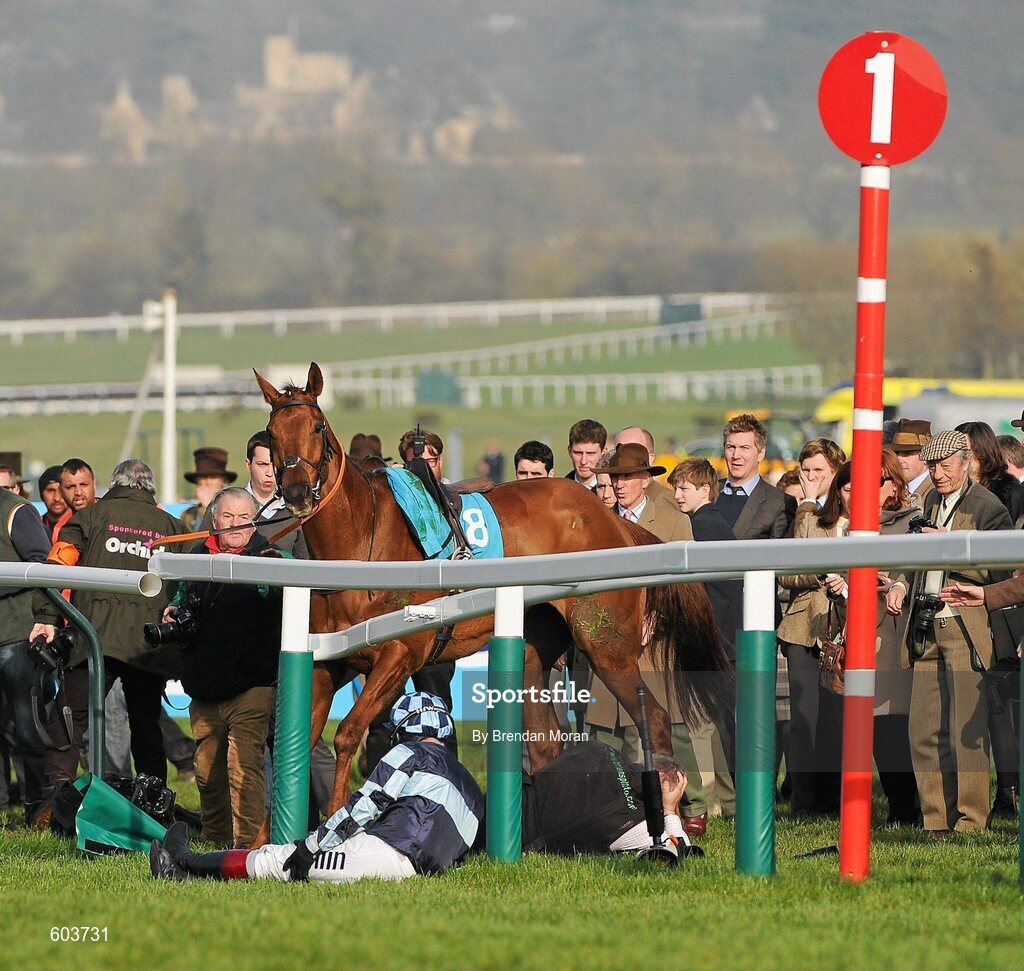 14 March 2012; Jockey Richard Johnson is unseated by his mount Wishful Thinking as they crash into a number of photographers and trackside personnel after they had jumped the 'last first time round' during the sportingbet.com Queen Mother Champion Steeple Chase. Cheltenham Racing Festival, Prestbury Park, Cheltenham, England. Picture credit: Brendan Moran / SPORTSFILE