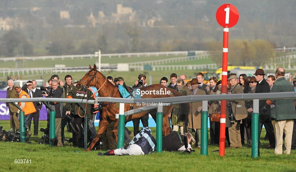 14 March 2012; Jockey Richard Johnson is unseated by his mount Wishful Thinking as they crash into a number of photographers and trackside personnel after they had jumped the 'last first time round' during the sportingbet.com Queen Mother Champion Steeple Chase. Cheltenham Racing Festival, Prestbury Park, Cheltenham, England. Picture credit: Brendan Moran / SPORTSFILE