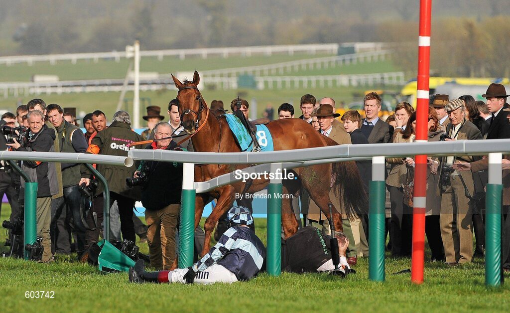 14 March 2012; Jockey Richard Johnson is unseated by his mount Wishful Thinking as they crash into a number of photographers and trackside personnel after they had jumped the 'last first time round' during the sportingbet.com Queen Mother Champion Steeple Chase. Cheltenham Racing Festival, Prestbury Park, Cheltenham, England. Picture credit: Brendan Moran / SPORTSFILE