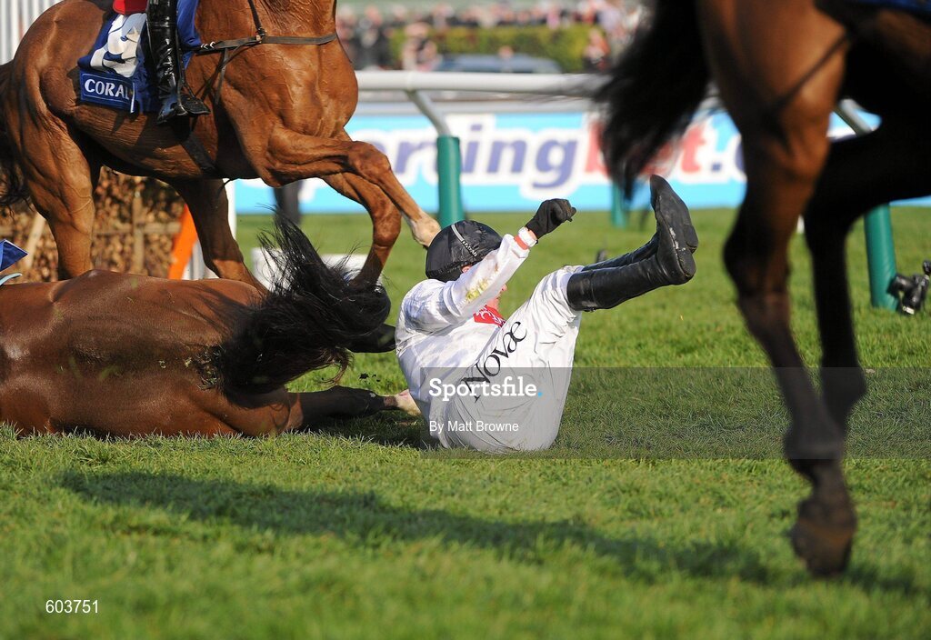 14 March 2012; Barry Geraghty is unseated by his mount Spirit River after jumping the last in the Coral Cup. Cheltenham Racing Festival, Prestbury Park, Cheltenham, England. Picture credit: Matt Browne / SPORTSFILE